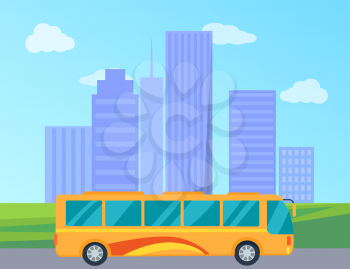 City public transport represented by yellow bus heading down the highway. Vector illustration of vehicle with tall buildings on background