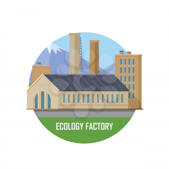 Ecology factory round icon. Factory building with pipes on nature landscape. Industrial factory building concept. Industrial plant with pipes in flat. Factory icon. Ecological production concept