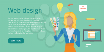 Web design conceptual web banner. Flat style. Woman character with color guide carts in hand. Building website, application interface. For web development company landing page. Internet technologies