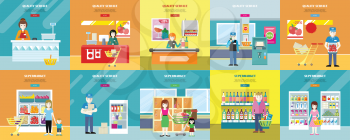 Set of quality service and supermarket web banners. Flat style. Customers service in supermarket, consumer choice and merchandising strategy, store personnel illustrations for shop web page design.  