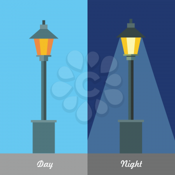 Street light vector illustration at day and night time set. City lamp picture for infrastructure concepts, web, applications icons, infographics, logotype design. Vector flat style illustration