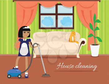 House cleaning banner. Girl with hoover in uniform make cleaning in house. Cleaning service, house cleaning service, housework, home cleaning, domestic cleaning service, clean room illustration
