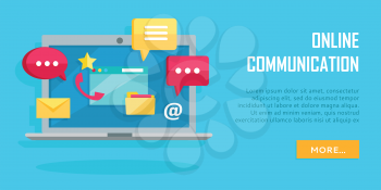 Online communication conceptual banner. Laptop with chat web conversation signs. Interface dialog, talk button, application speech balloon, message, sms, email. App icon flat style design. Vector