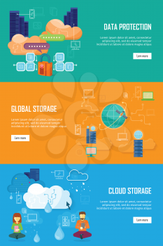 Data protection, global storage and cloud storage. Data security, data privacy, security and data stream, data backup, cloud computing, online storage, data storage, internet web illustration