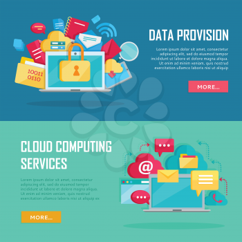 Data provision and cloud computing services banners. Networking communication and data icons near laptop. Data protection, online cloud storage, security, global storage, privacy, online communication