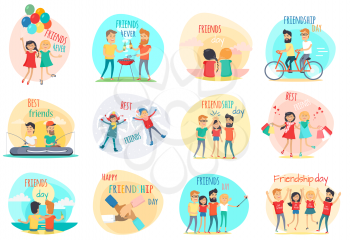 Friendship. Best friend forever. International friends. Celebration happy friends day. Positive emotions. True friend. Friend s shopping, riding on bicycle, fishing, picnic, party Flat design Vector