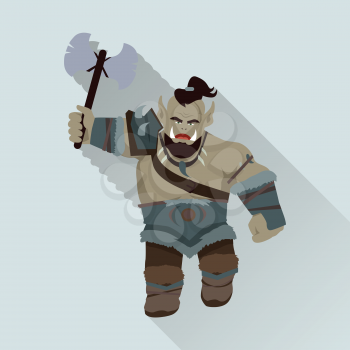 Game object of orc with axe. Orc warrior with steel axe and armors in front. Stylized fantasy characters. Game object in flat design on blue game background. Vector illustration.