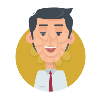 Successful man avatar web button. Happy male emotion userpic. Kind emotion face, feelings, emotional intelligence expression. Smiling businessman character in flat style. Cheerful person. Vector