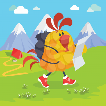 Rooster bird on excursion in mountains. Cock in a hiking tour. Chinese calendar zodiac cock horoscope. Chicken character collection in flat. New year xmas greeting card. Vector illustration