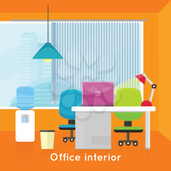 Office interior background. Modern office interior with desktop, laptop, lamp, office chair and water cooler in flat. Interior office room. Modern office room against the window. Office space.