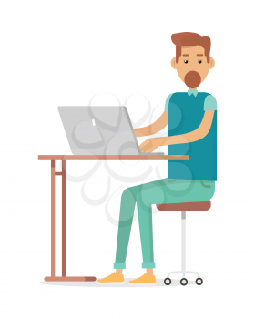 Man with beard sitting at desk and working on notebook computer. Workplace, make money online, e-business, e-learning, concept. Man busy working on laptop computer. Illustration in flat style. Vector