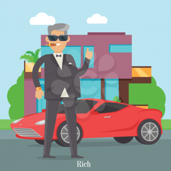 Rich man in expensive suit standing near red coupe car. Handsome guy in stylish clothes near his cool car. Middle aged male in glasses and luxury clock. Cute cartoon character. Vector illustration