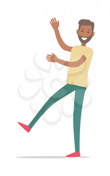 Man standing on one leg isolated on white. Smiling man with hands up shopping. Flat design. Male with beard character in t-shirt and trousers. Pleasure of purchase. For sales and discounts. Vector