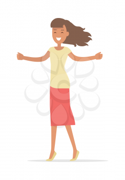 Woman shopping isolated on white. Lady with opened arms smiling. Flat design. Brunet girl character in t-shirt and pink skirt. Pleasure of purchase. For sales and discounts. Vector illustration