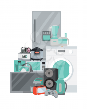 Household appliances in flat style. Illustration for electronics stores advertising. Electric equipment for every day use. Big sale concept. Set of electronic devices. Black friday. Vector