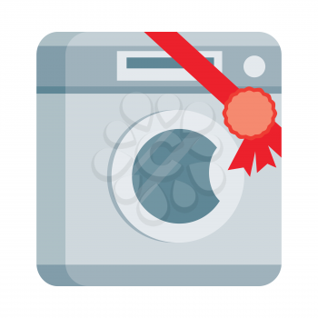 Washing machine icon with label on ribbon. Home appliance for wash flat vector illustration isolated on white background. Best choice, best price, bestseller sign. For store sale and discount promo