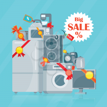 Big sale in electronics store concept. Group of different home technics with label and price tag flat vector illustrations isolated on blue background. Online shopping. For holiday discount promotion 