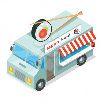 Japan food eatery on wheels icon. Car van with sushi in chopsticks on roof isometric vector isolated on white background. 3d mobile cafe with bright signboard. For restaurant, cafe, snack bar ad, app