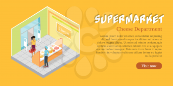 Supermarket cheese department web banner. Dairy products refrigerator. Natural foods of cheese in fridge vector illustration. Seller and customer. Flat design. Freezer, cheese assortment in store.