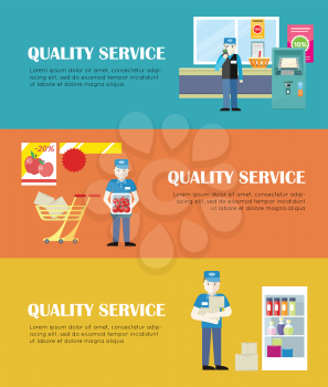 Set of quality service concept vectors. Flat style. Grocery store personnel. Worker with products and security in supermarket interior illustrations for retail store advertising, web pages design. 