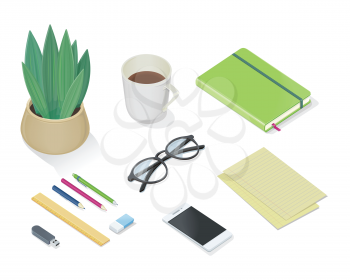 Office accessory set. Top view of desk with mobile phone, pencils, pens, plant in pot, note book, glasses, cup of tea or coffee, sheets of paper. Personal accessories in flat design. Vector