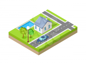 Isometric city vector web banner. Isometric projection. Horizontal illustration with fragment of street with road crossing, house, trees, lawn, lantern, car. For design studio ad