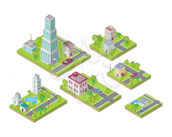 Isometric city buildings vector set. Isometry icons of city. Modern architecture, skyscraper exterior, clean city. Home and office buildings. Eco friendly environment. Residential estate cityscape.