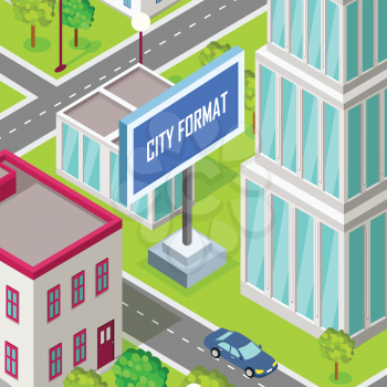 City format. Car driving at the road of urban city. Luxury skyscrapers and modern buildings architecture. Map and cartography concept. Calm street graphic. Vector illustration in flat style