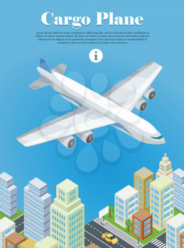 Cargo plane banner. Heavy airfreighter aircraft flying under city isometric projection vector illustration isolated on white background. Air transportation. For airline ad, landing page, web design  