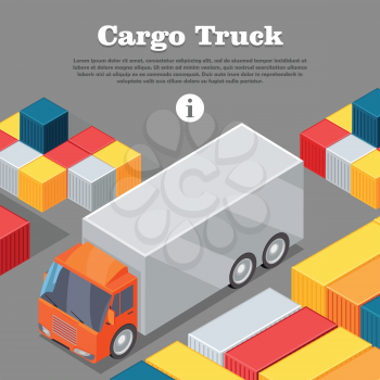 Cargo truck and intermodal containers web banner. Delivery vehicle. Truck specialized to deliver goods. Semi-trailer, box trailers. Dump truck. Used deliver cargo. Advanced delivery van. Vector