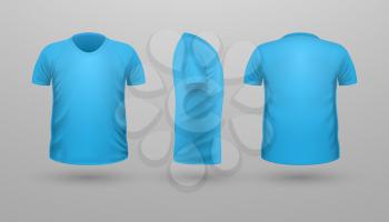 T-shirt template set, front, side, back view. Blue color. Realistic vector illustration in flat style. Sport clothing. Casual men wear. Cotton unisex polo outfit. Fashionable apparel.