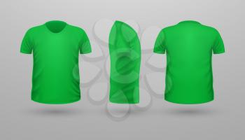 T-shirt template set, front, side, back view. Green color. Realistic vector illustration in flat style. Sport clothing. Casual men wear. Cotton unisex polo outfit. Fashionable apparel.