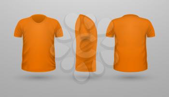T-shirt template set, front, side, back view. Orange color. Realistic vector illustration in flat style. Sport clothing. Casual men wear. Cotton unisex polo outfit. Fashionable apparel.