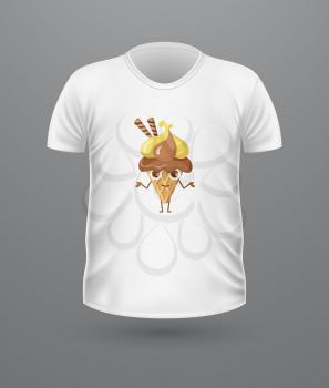 T-shirt front view with ice cream isolated. White t-shirt. Realistic t-shirt vector in flat. Sweet ice cream character. Casual women wear. Cotton t-shirt unisex polo outfit. Fashionable apparel.