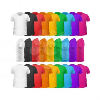 Color T-shirts front view vector set isolated. Colorful t-shirts collection. Realistic t-shirt in flat style design. Casual men wear. Cotton t-shirt unisex man woman polo outfit. Fashionable apparel.