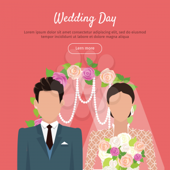 Wedding day web banner. Newlyweds couple design template. Beautiful young newly-married groom and bride isolated on red. Love people and wedding. Ceremony where two people united in marriage. Vector