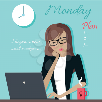 Monday working day. Woman planning her work for a week. Girl writing a plan of her actions for a week. Part of series of daily routine of the week. Working hours, schedule. Vector illustration.