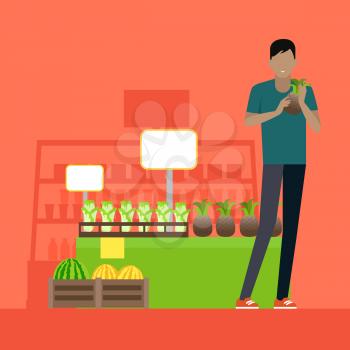 Customer in grocery store vector. Flat design. Man in casual clothes with pineapple in hands standing near fruits and vegetables showcase in supermarket. Buying healthy fresh greens on market.