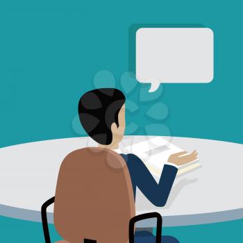 Man working with documents in office. Man in blue sweater sitting at the table with empty dialog window. Isolated object in flat design on white background. Vector illustration
