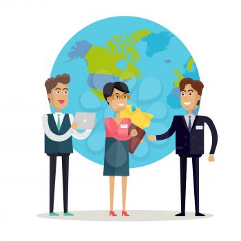 Business people characters Vector in flat style design. Woman and two man communicate, world globe on background. Illustration of international cooperation and communication in business. Partnership.