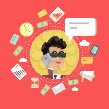 Creative office background. Businessman icon with bubble. Avatars of men with devices for communication. Smiling young man personage in flat on red background. Vector illustration.