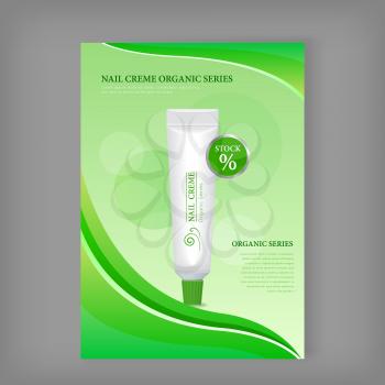 Nail cream sea series. White plastic tube for cosmetics on green background. Product for body and skin care, beauty, health, freshness, youth, hygiene. Realistic vector illustration.
