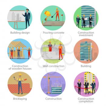 Set of icons of building process. Building design, pouring concrete, construction investment, construction of wooden houses, wall, building, bricklaying, construction, construction completion. Vector