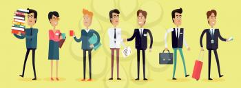 Set of business people characters in flat style design. Meeting, brainstorm, planning, success, work process, coffee break concept. Variety human personages in workflow process vector illustration.