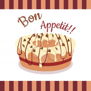 Bon Appetit. Festive cake web banner. Chocolate cake bakery isolated design flat. Birthday cake, dessert and cookies, sweet confectionery, delicious cream, tasty pastry cake. Vector illustration