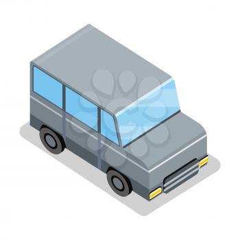 Isometric gray jeep icon. Gray city car with shadow. Isometric car web infographic. Modern vehicle. Jeep icon. SUV icon. City isometric object in flat. Isolated vector illustration on white background