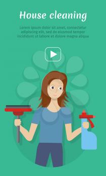Cleaning service conceptual vector web banner. Flat style. Smiling woman with sprayer and wiper. Illustration with play button for housekeeping online services, sites, video, corporate animation