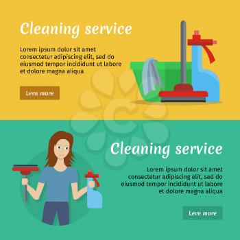 Set of cleaning service banners with cleaning equipment. Woman with brush and detergent. House cleaning service, professional office cleaning, home cleaning. Horizontal website template