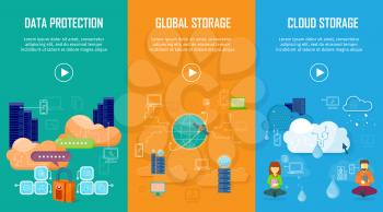 Data protection global storage cloud storage banners set. Online storage concept. Storage and cloud, cloud computing, cloud backup, data network internet web connection. Saving information. Vector