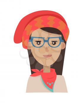 Beret hat. Contemporary young girl in red hat, scarf and blouse. Long red hat with some waves. Scarf with blue edges and hearts. Female wearing blue glasses. White background. Vector illustration
